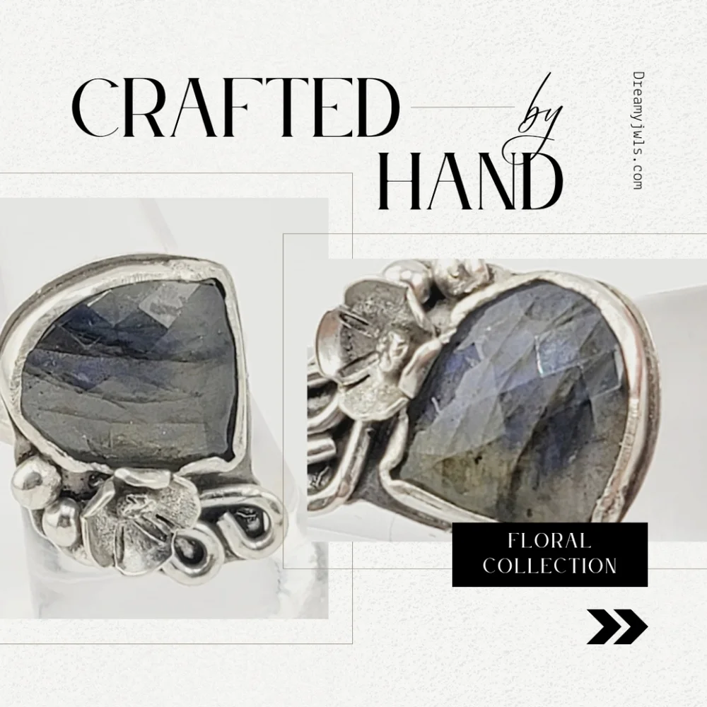 LABRADORITE FLORAL RING HANDMADE IN STERLING SILVER METAL SIZE 8.5